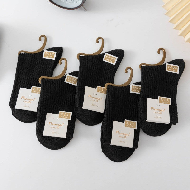 New Socks Women's Solid Color Double Needle Medium Tube Cotton Socks Spring and Autumn Thickened Warm Casual Stockings