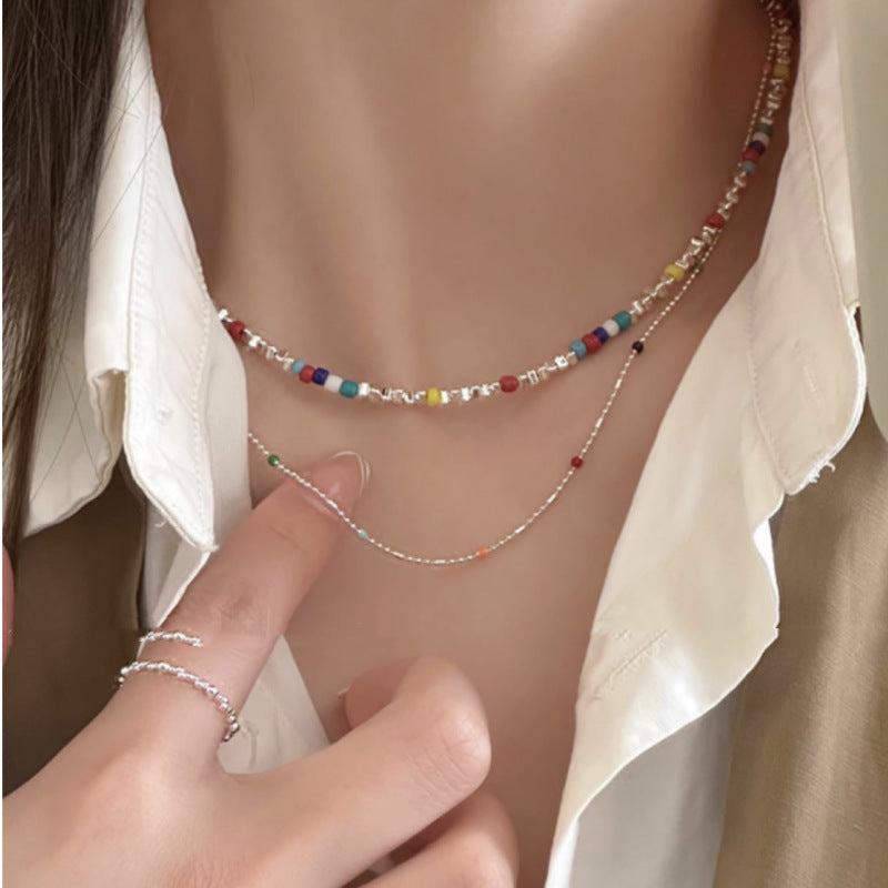 Color Stacked Beaded Broken Silver Necklace Dopamine Wear Neck Chain Light Luxury Niche Design Clavicle Chain