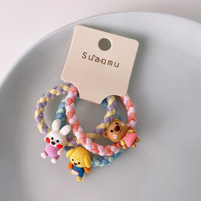 Spring New Children's Colorful Braided Headband Little Girl Ponytail Does Not Hurt Hair Cute Cartoon Flower Rubber Band