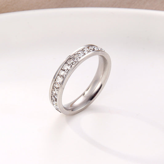 Hot Stainless Steel Single and Double Rows Full Diamond Titanium Steel Couple Ring Small Square Diamond Personalized Simple Temperament Ring Ring