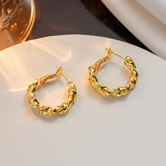French style, elegant and small, exquisite and simple, versatile twist knot, titanium steel gold-plated, circle commuter earrings, earrings for women