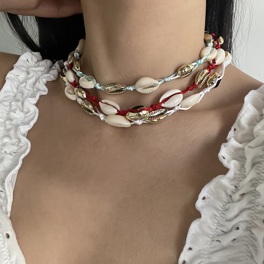 Bohemian Hand-woven Alloy Shell Necklace, Summer Dopamine Beach Resort Collarbone Chain