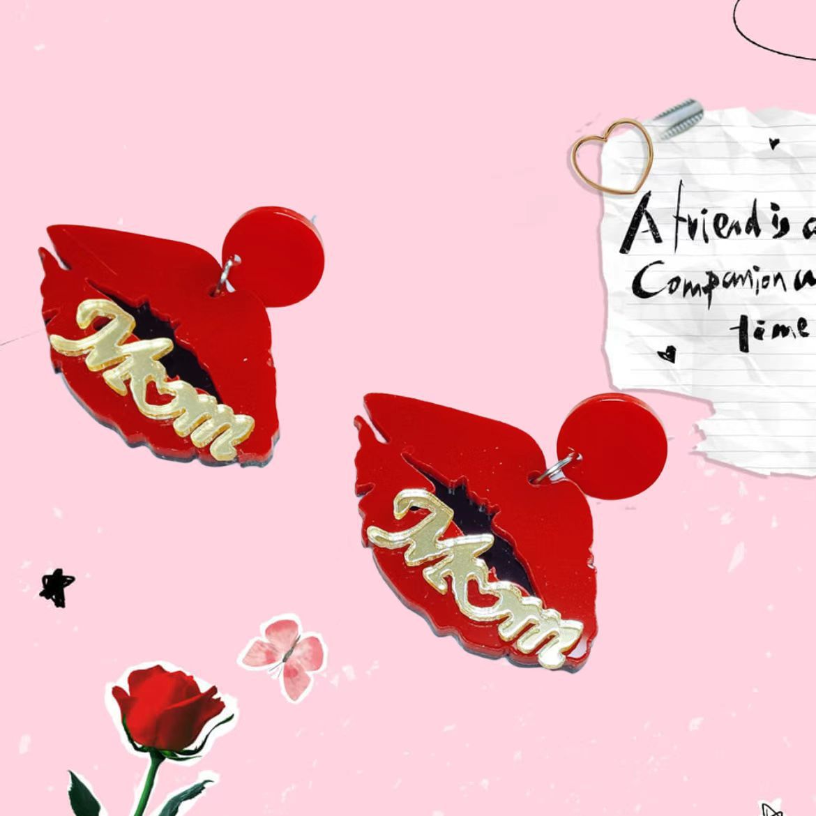 European and American Pink Lip Acrylic Earrings Women's High-end Personalized Earrings English MOM Mother's Day Earrings