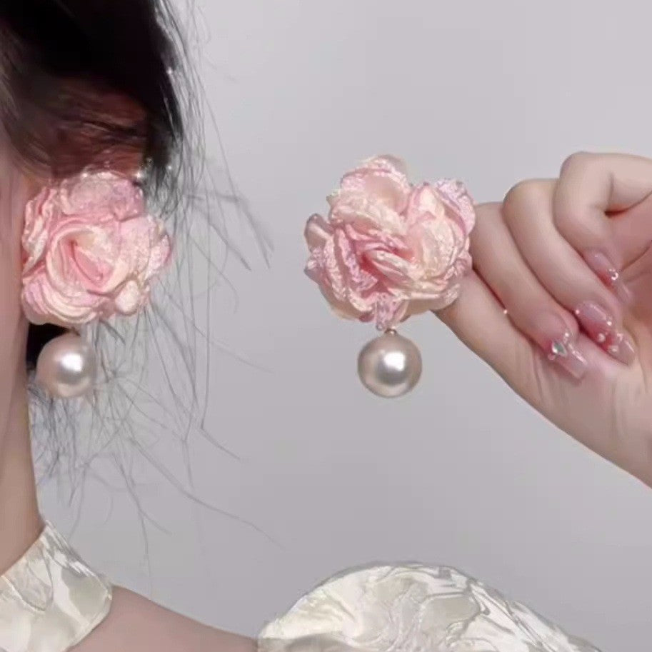 Pink Big Flower Earrings Female Mori Sweet Small Fresh Three-dimensional Chiffon Pearl Pendant Earrings Tide