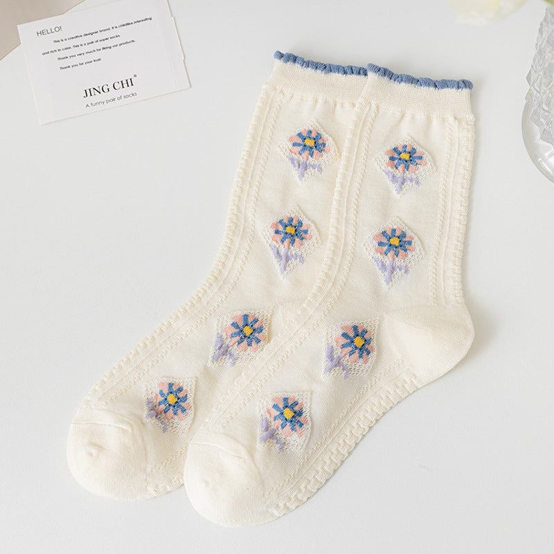 Socks Women's Pure Cotton Spring and Autumn Tube Three-dimensional Flower Cotton Socks Small Flower Japanese Trend Internet Celebrity Casual Women's Socks Wholesale