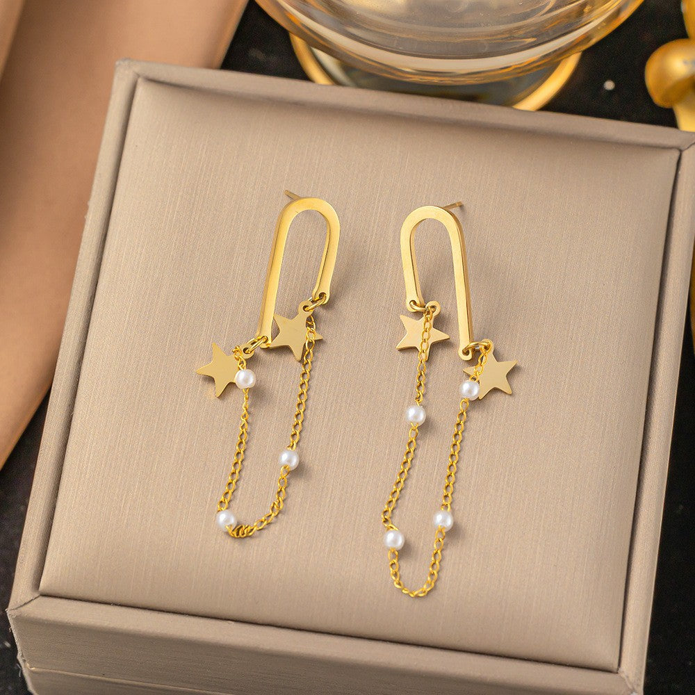 European and American Retro Fashion Versatile Titanium Steel Geometric Pearl Earrings