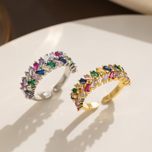 European and American Fashion Temperament Double Row Diamond Zircon Opening Adjustable Ring Female Internet Celebrity Ins Ring Hand Jewelry
