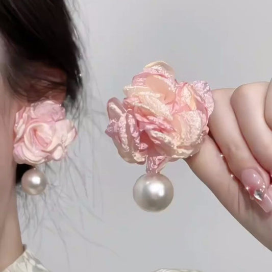 Pink Big Flower Earrings Female Mori Sweet Small Fresh Three-dimensional Chiffon Pearl Pendant Earrings Tide