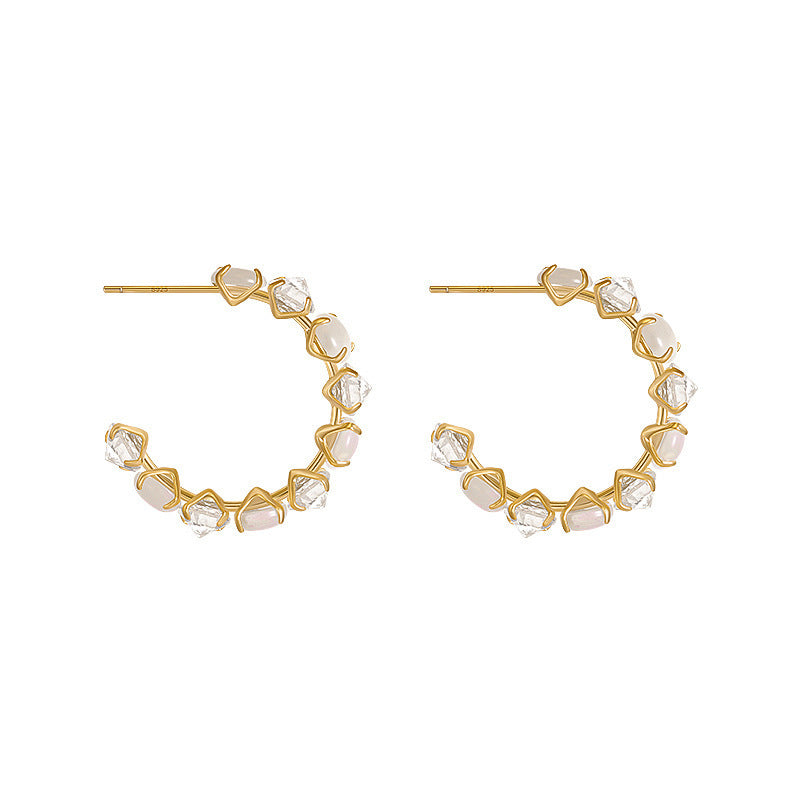 New Trendy 925 Silver Needle Zircon Opal C-shaped Earrings Ins Simple Niche Design Temperament Earrings Women