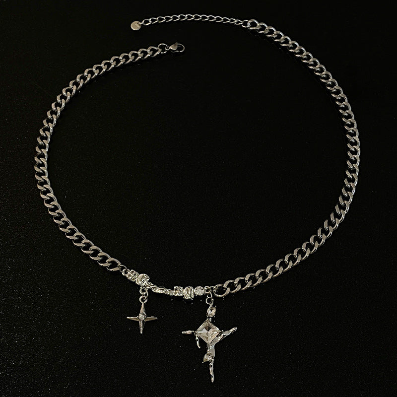 Square Diamond Star Cross Necklace Ins Hip Hop Neutral Trendy Cool Niche Collarbone Chain Female