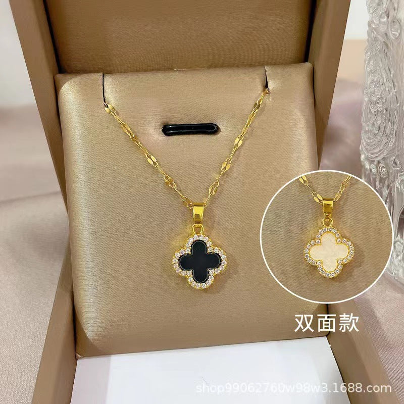 Gold Luxury Full Diamond Four-leaf Clover Necklace Women's Black and White Double-sided Design Sense Internet Celebrity Collarbone Chain 18k Gold-plated Neck Chain