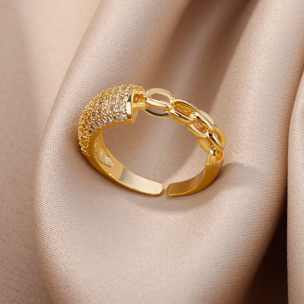 Women 18K Gold Plated Full Diamond Titanium Steel Non-Fading Opening Ring Zircon Leaf Ring