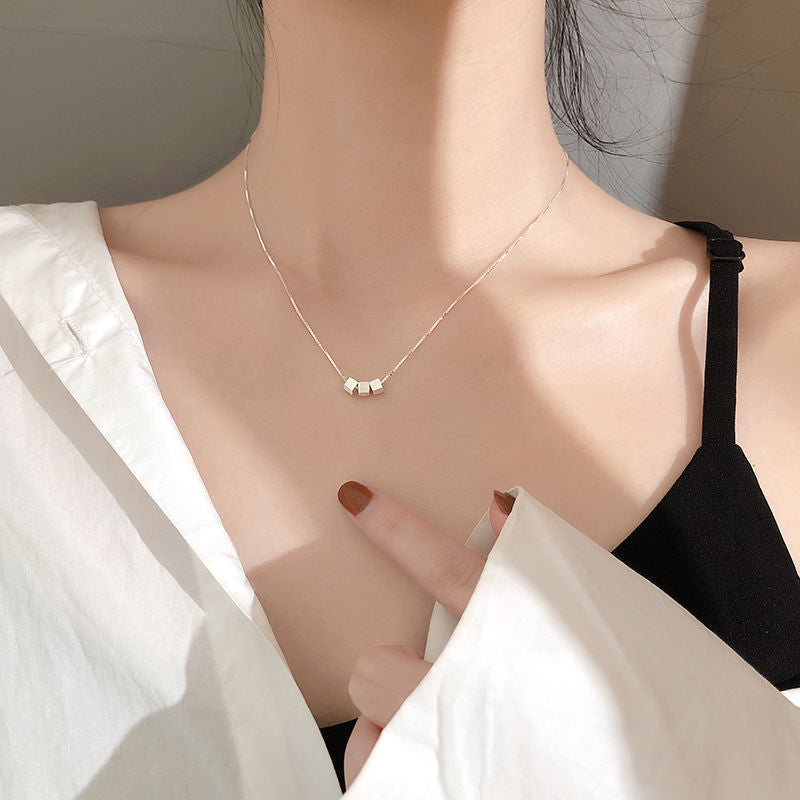 Plated S925 Silver Brushed Square Necklace Simple Personality Small Fresh Design Geometric Pendant Student Collarbone Chain Korean Version