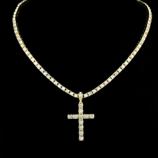 Popular Hip Hop Cross Necklace Pendant Full Diamond 4mm Tennis Chain Trendy Men's Personalized Jewelry