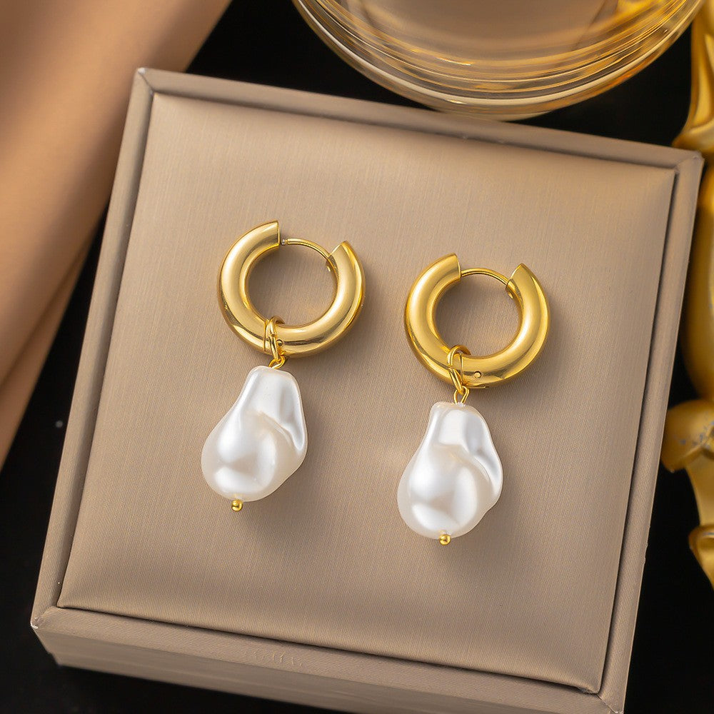 European and American Retro Fashion Versatile Titanium Steel Geometric Pearl Earrings