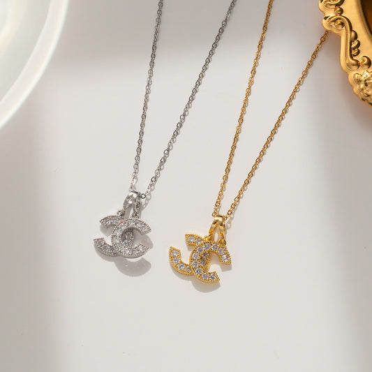 Korean Version of Titanium Steel Double C Necklace Women's Gold Micro-inlaid New Light Luxury Ins Fashion Versatile Model Supports One Piece of Hair