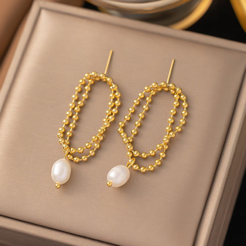 European and American Retro Fashion Versatile Titanium Steel Geometric Pearl Earrings