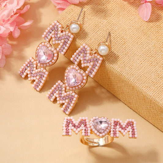 European and American Fashion Light Luxury Style Alloy Diamond MOM Love Letter Earrings Fashion Light Luxury Style Imitation Pearl Earrings Women