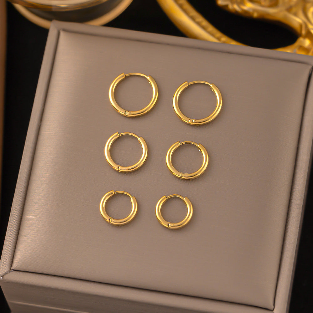 Stylish and Simple Cold Wind Double-layer Gold-plated Stainless Steel Solid Round Titanium Steel Earrings