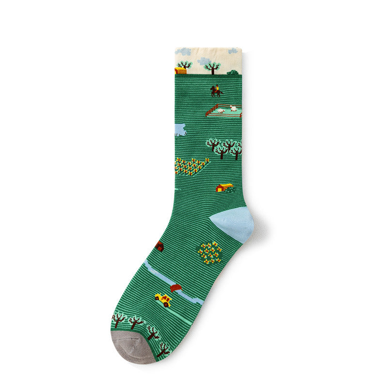 Oil Painting Socks Women's French Retro Ins Tide Autumn and Winter Abstract Tall Tube Creative Combed Cotton Women's Medium Tube Socks