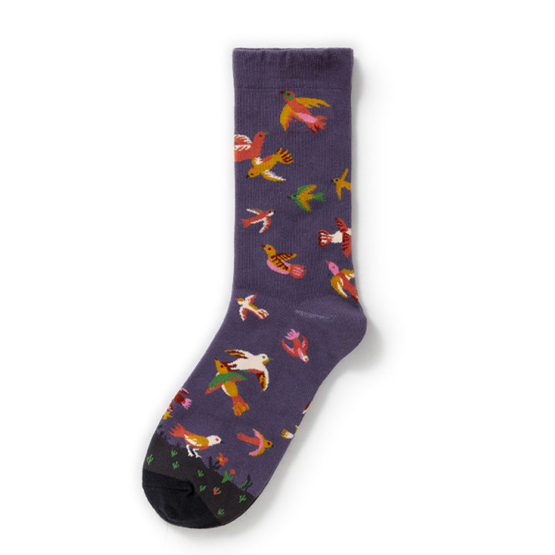 Oil Painting Socks Women's French Retro Ins Tide Autumn and Winter Abstract Tall Tube Creative Combed Cotton Women's Medium Tube Socks