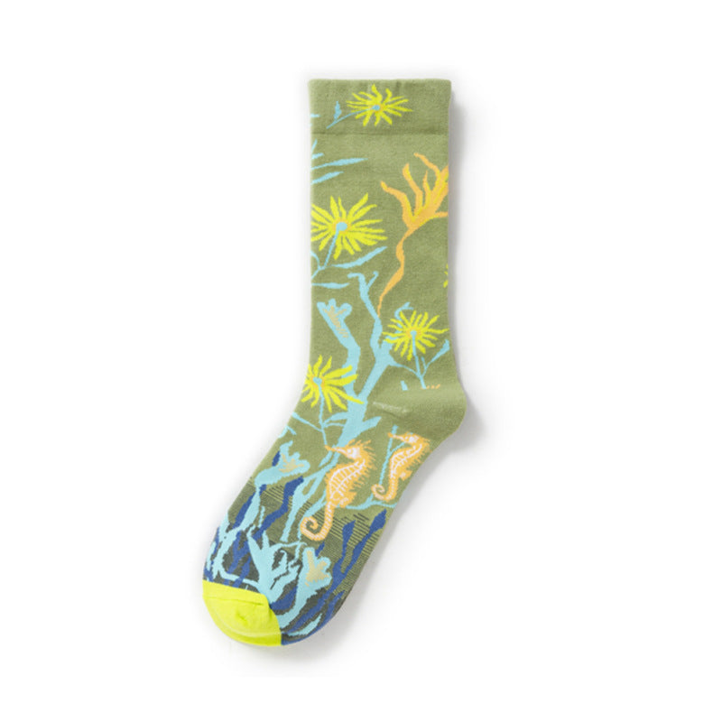 Oil Painting Socks Women's French Retro Ins Tide Autumn and Winter Abstract Tall Tube Creative Combed Cotton Women's Medium Tube Socks