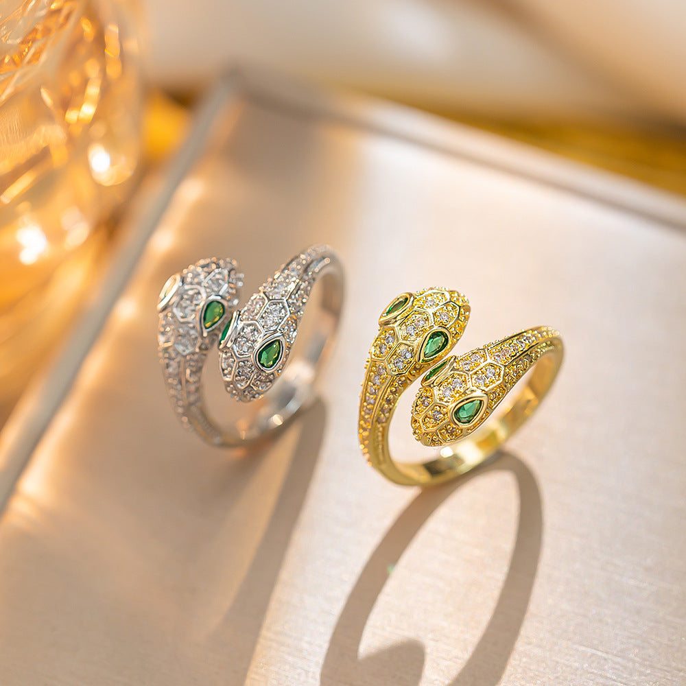 Micro-inlaid Zircon Two-headed Snake Ring, Women's Light Luxury High-end Sense Snake-shaped Personalized Index Finger Ring, Niche Design Sense Ring Tide