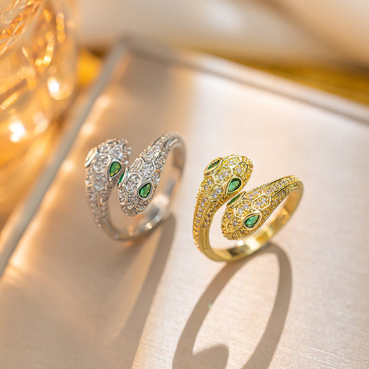 Micro-inlaid Zircon Two-headed Snake Ring, Women's Light Luxury High-end Sense Snake-shaped Personalized Index Finger Ring, Niche Design Sense Ring Tide