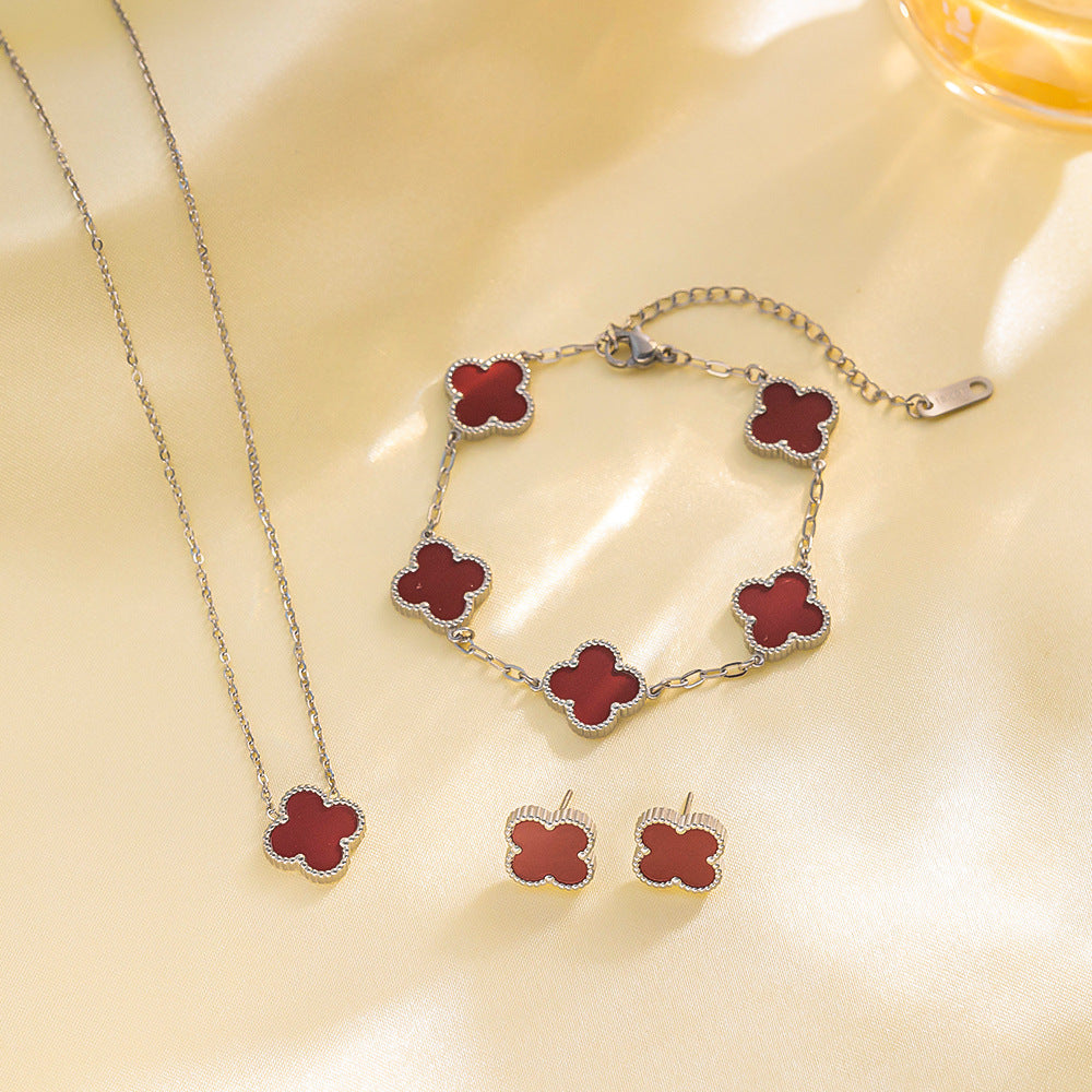 Four-leaf Clover Necklace 13MM Bracelet Stud Earrings Three-piece Set Versatile Lucky Four-leaf Clover Five-flower Bracelet Collarbone Chain Earrings