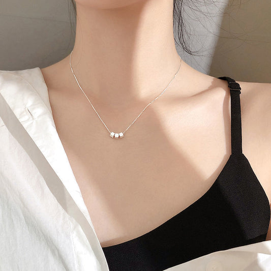 Plated S925 Silver Brushed Square Necklace Simple Personality Small Fresh Design Geometric Pendant Student Collarbone Chain Korean Version