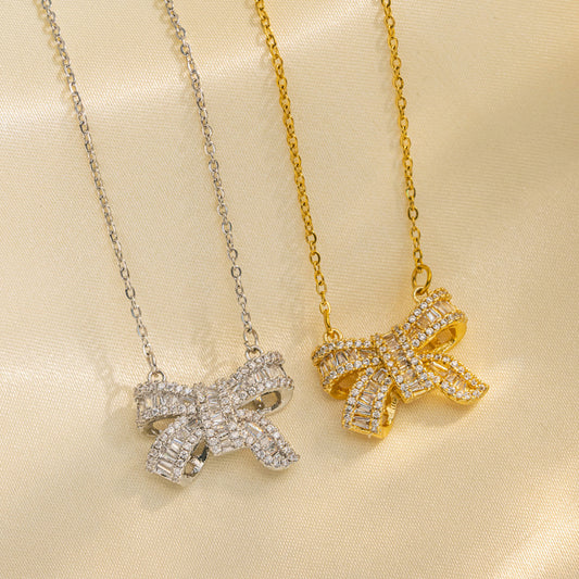 Bow Necklace Female, Titanium Steel Crystal New Female Light Luxury Niche Ins Cold Wind Collarbone Chain Does Not Fade
