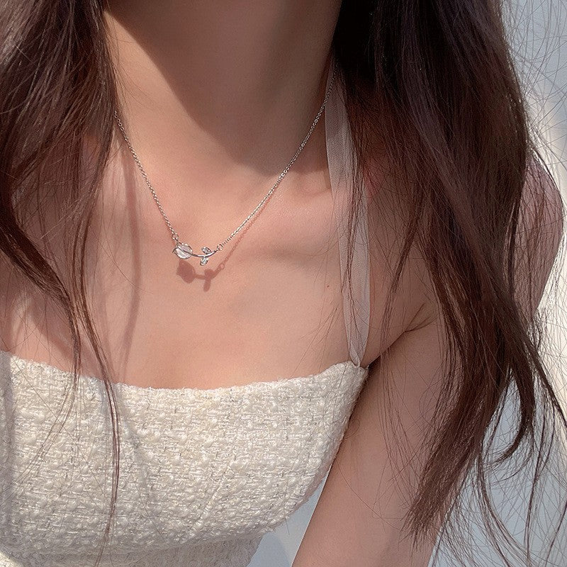 925 Silver Luck Pearl Necklace Female Butterfly Cold Light Luxury Flash Diamond Ins Wind Niche Collarbone Chain