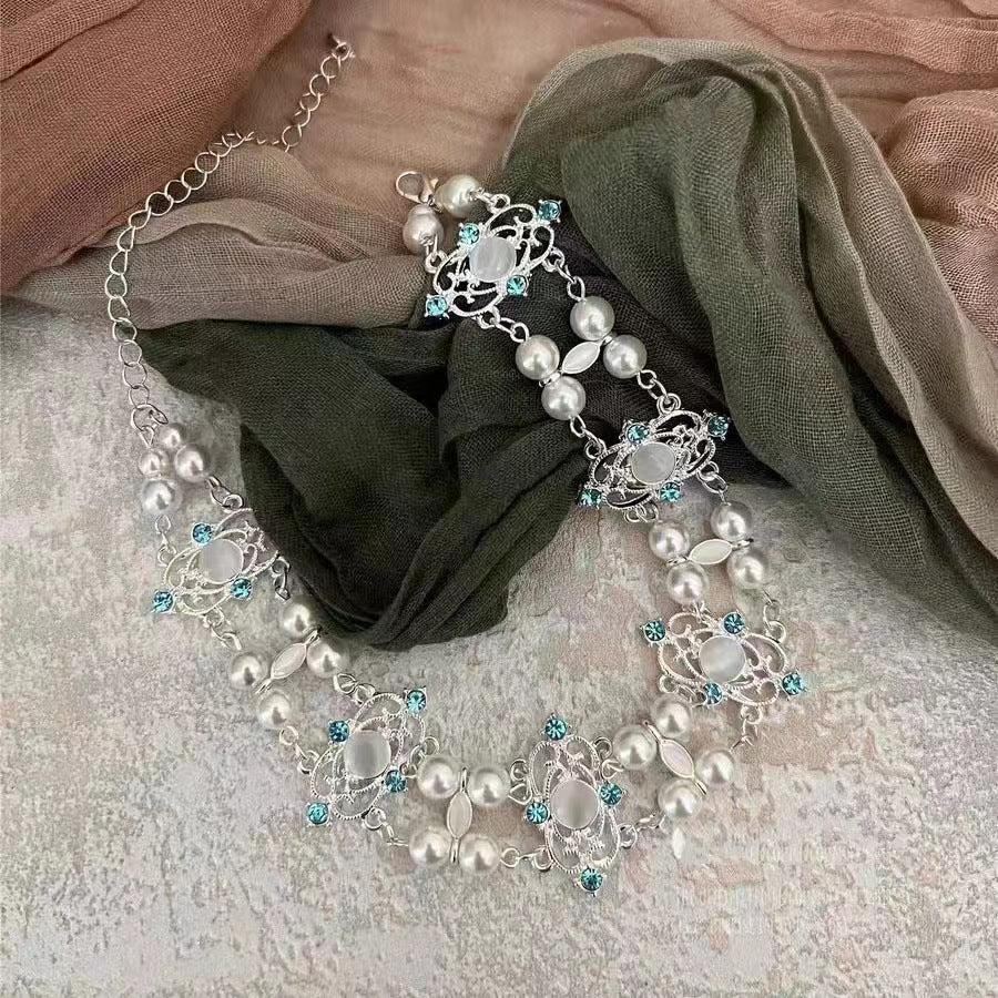 Vintage Baroque Temperament Chocker Collarbone Chain Niche Fashion Cross Pearl Stacked Multi-layer Necklace