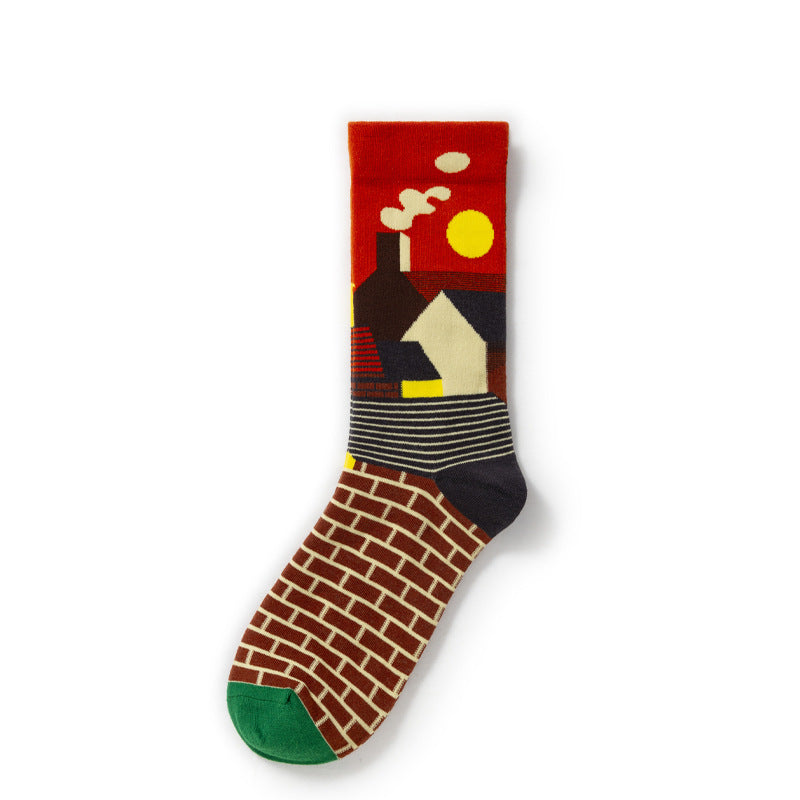 Oil Painting Socks Women's French Retro Ins Tide Autumn and Winter Abstract Tall Tube Creative Combed Cotton Women's Medium Tube Socks