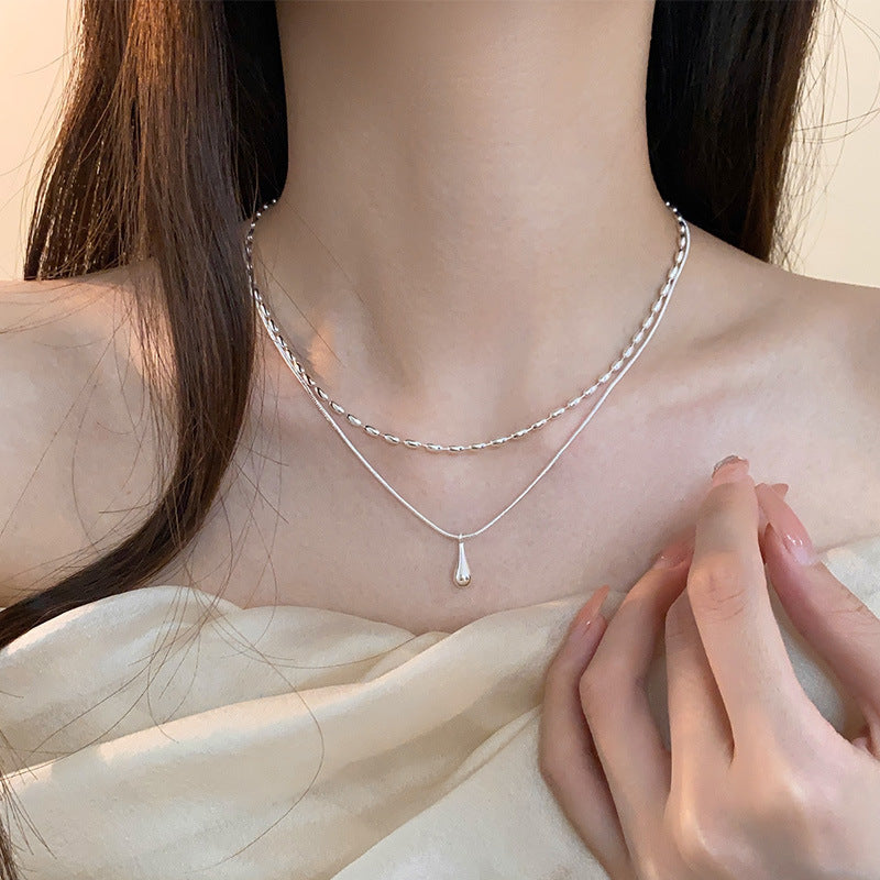 925 Sterling Silver Water Drop Double-layer Necklace Women's Light Luxury Niche Design Ins High-end Sense Simple Personality Stacked Collarbone Chain