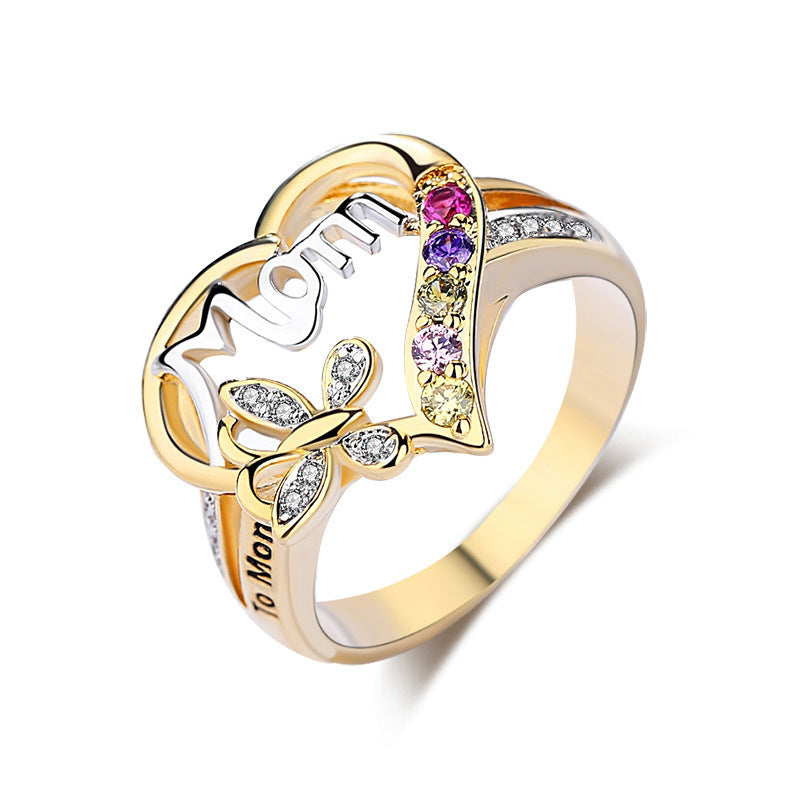 Popular Mother's Day Mom Letter Diamond Ring, Fashion Temperament Butterfly Diamond Ring, Wholesale