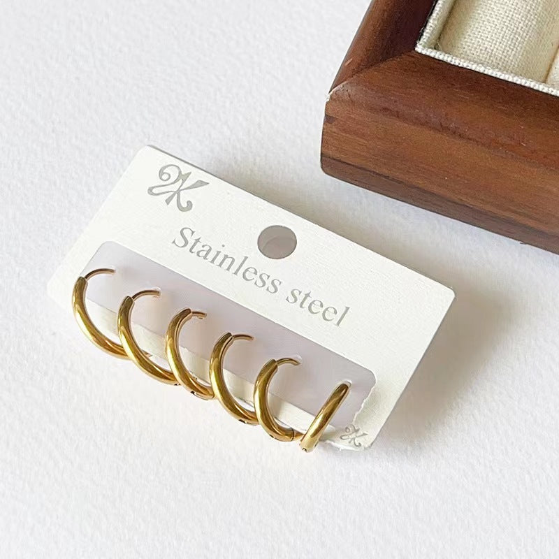 Stylish and Simple Cold Wind Double-layer Gold-plated Stainless Steel Solid Round Titanium Steel Earrings