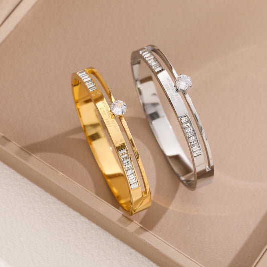 South Korea's New Super Flash Double-row Diamond Zircon Single Diamond Rose Gold Bracelet Hipster Personality Titanium Steel Bracelet Women's Jewelry