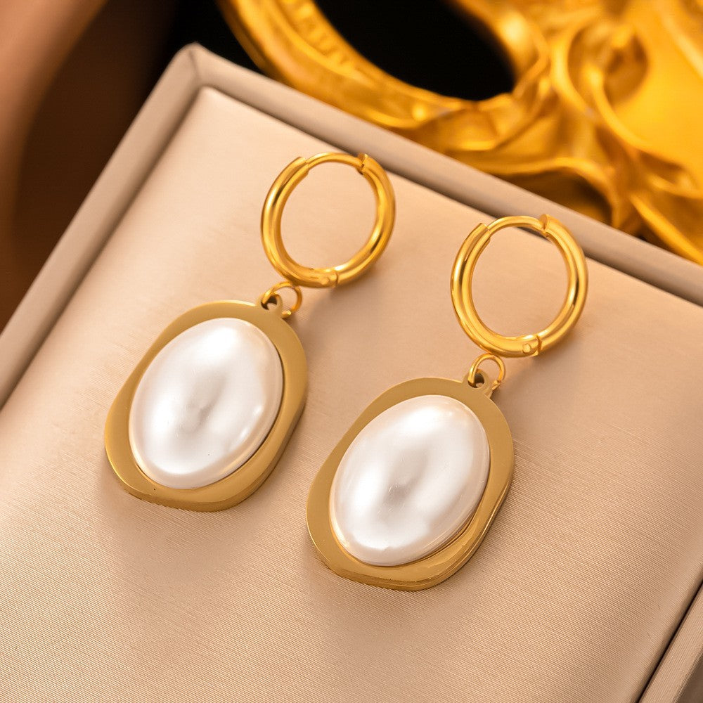 European and American Retro Fashion Versatile Titanium Steel Geometric Pearl Earrings