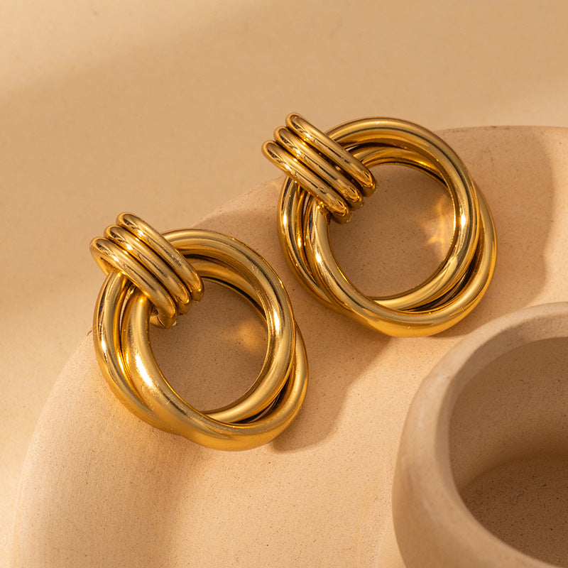 Exaggerated Titanium Steel Round Earrings Gold 18K Gold Light Luxury Earrings Fashion High Sense Love Earrings