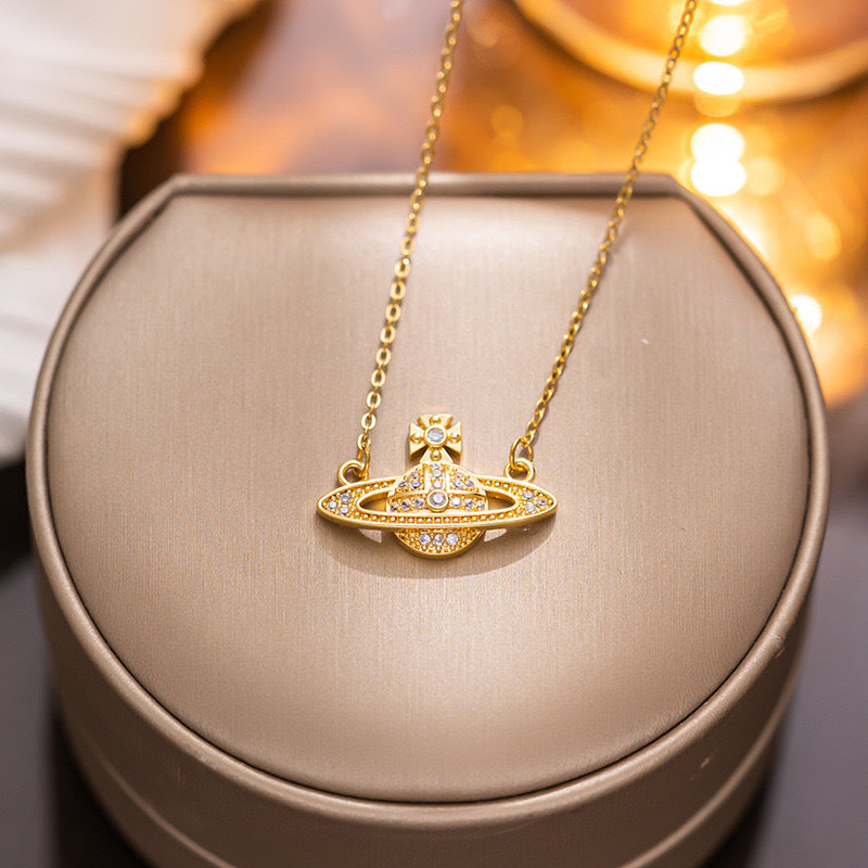 New Gold Diamond-encrusted Mini Planet Titanium Steel Necklace Does Not Fade Girls Versatile Light Luxury Niche Versatile Accessories