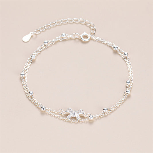 925 Sterling Silver Double-layer Bow Bracelet Women's Light Luxury Niche High-end Sense Exquisite Versatile Stacked Wearing Jewelry New Trend