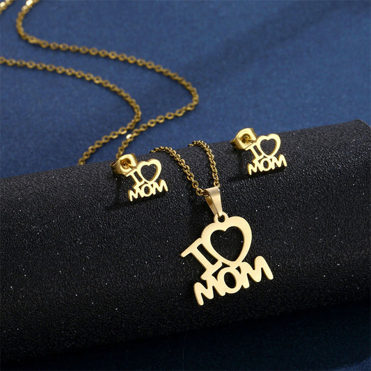 Mother's Day Necklace Female, Personalized Creative Mother Pendant Stud Earrings Set 18K Gold Hollow Collarbone Chain Wholesale