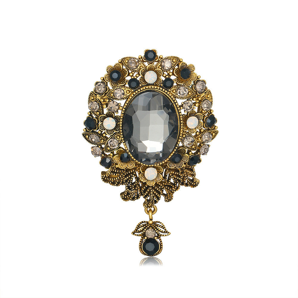 Rhinestone Alloy Brooch for Women, European and American Glass Pendant Corsage Retro Fashion Pin Accessories