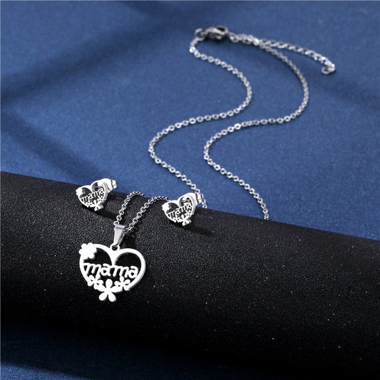 Simple Heart-shaped English Letter Mom Mom Necklace Female Flower Love Collarbone Chain Stud Earrings Set