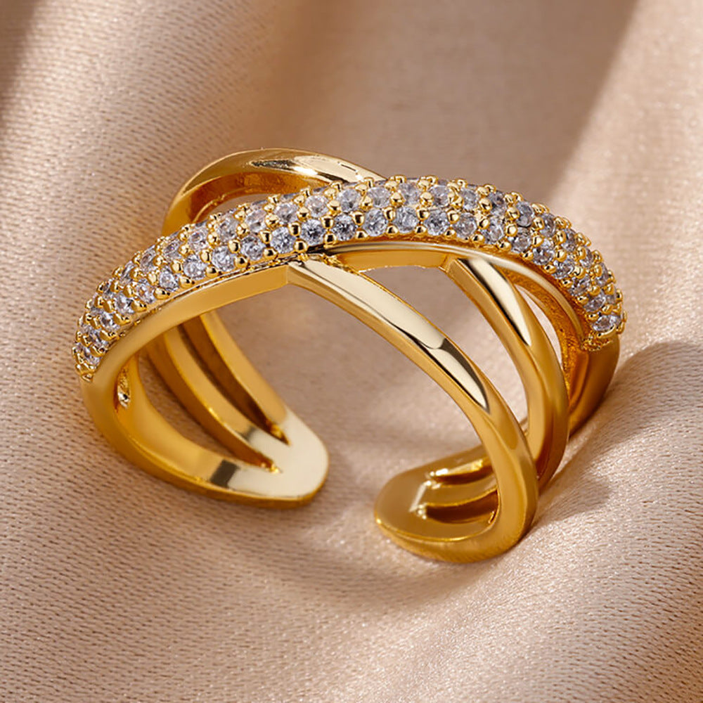 Women 18K Gold Plated Full Diamond Titanium Steel Non-Fading Opening Ring Zircon Leaf Ring
