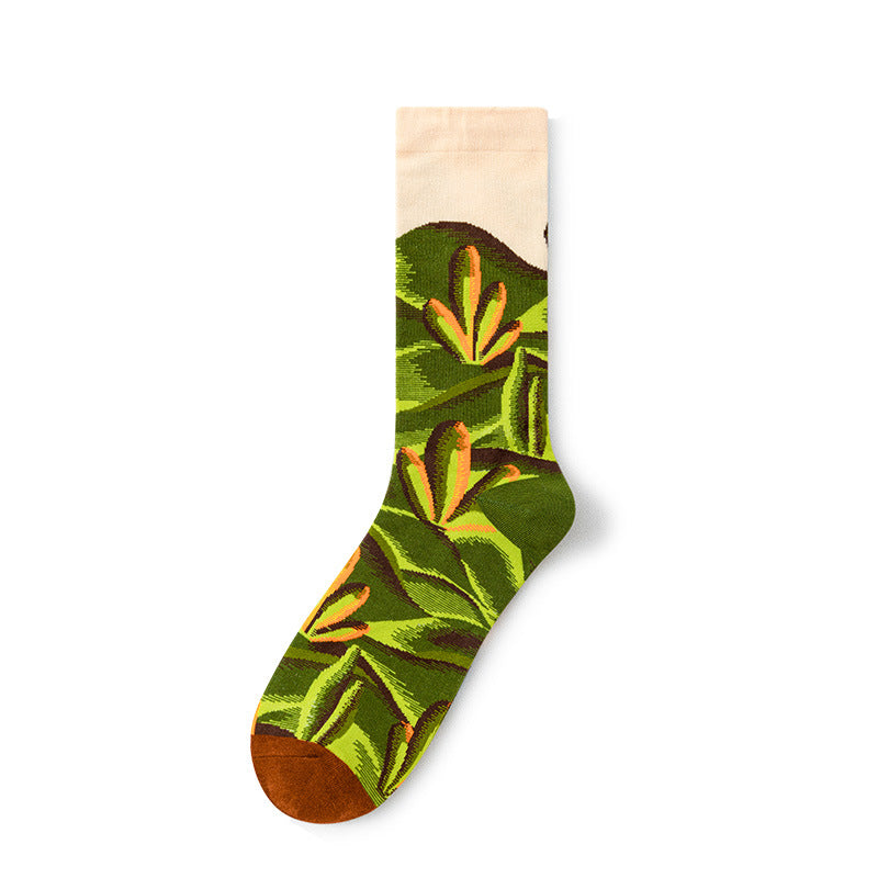 Oil Painting Socks Women's French Retro Ins Tide Autumn and Winter Abstract Tall Tube Creative Combed Cotton Women's Medium Tube Socks