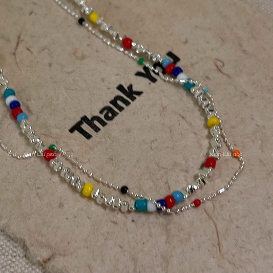 Color Stacked Beaded Broken Silver Necklace Dopamine Wear Neck Chain Light Luxury Niche Design Clavicle Chain