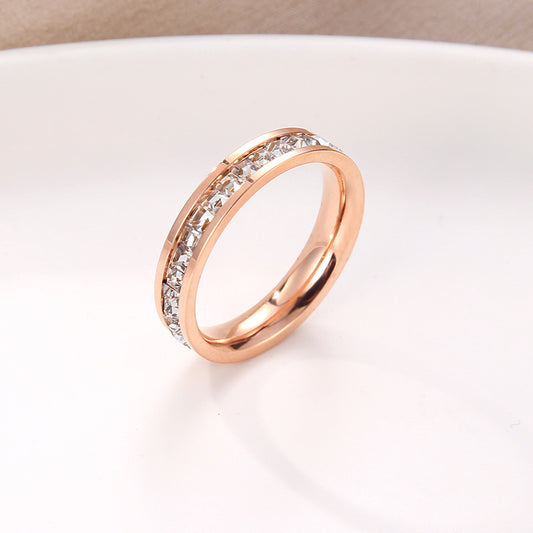 Hot Stainless Steel Single and Double Rows Full Diamond Titanium Steel Couple Ring Small Square Diamond Personalized Simple Temperament Ring Ring