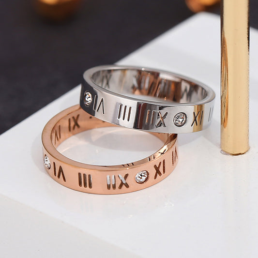 European and American New 18k Rose Gold Titanium Steel Roman Numerals Ring, Diamond-encrusted Hollow Couple Men's and Women's Letter Rings